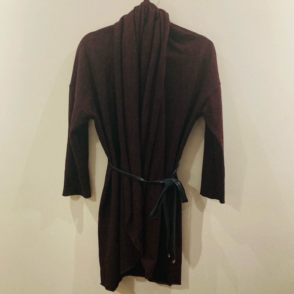 GOLDIE O/S Cascade Turned Collar Wool Open Front Belted Pockets Cardigan